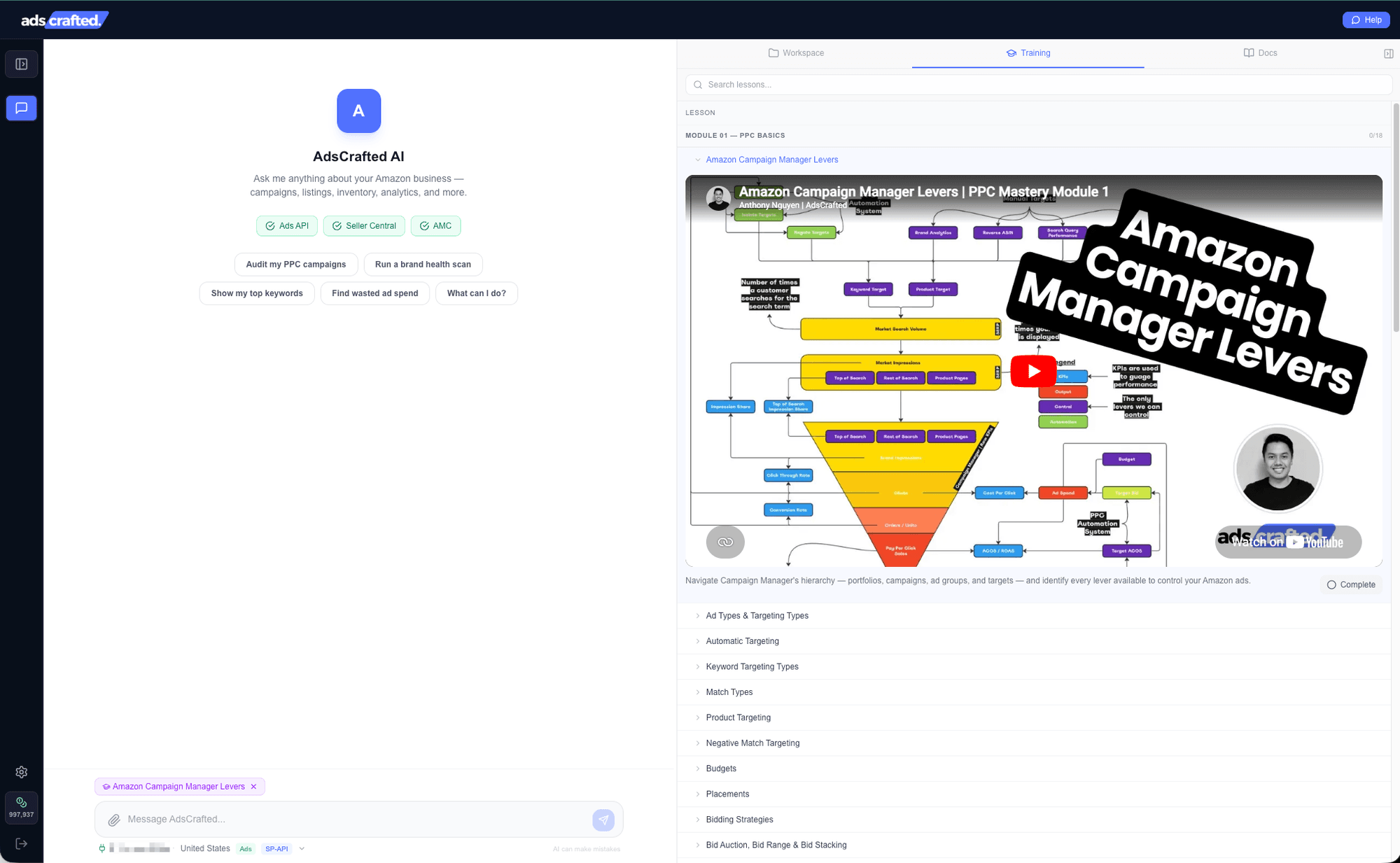 AdsCrafted platform showing PPC Mastery training modules and AI chat assistant